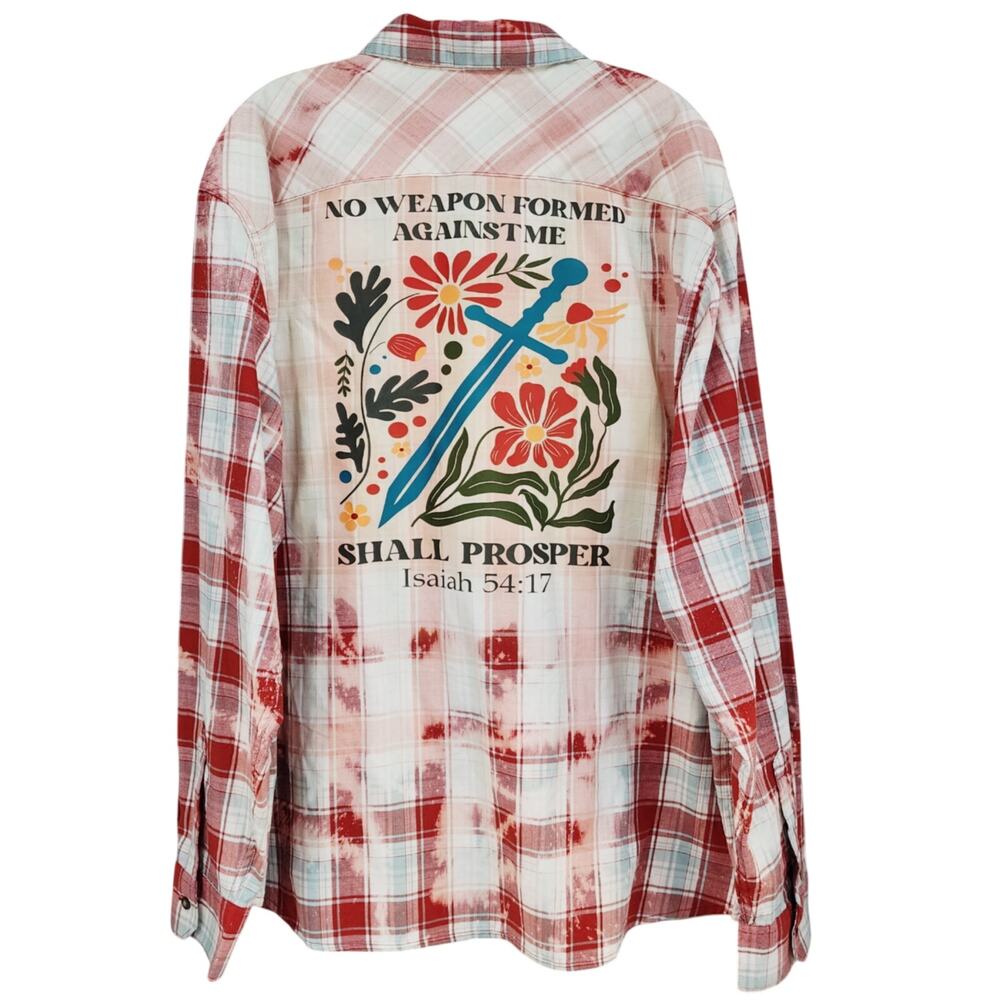 No Weapon Formed Against Me Shall Prosper Repurposed Christian Theme Plaid Shirt - Picture 3 of 5